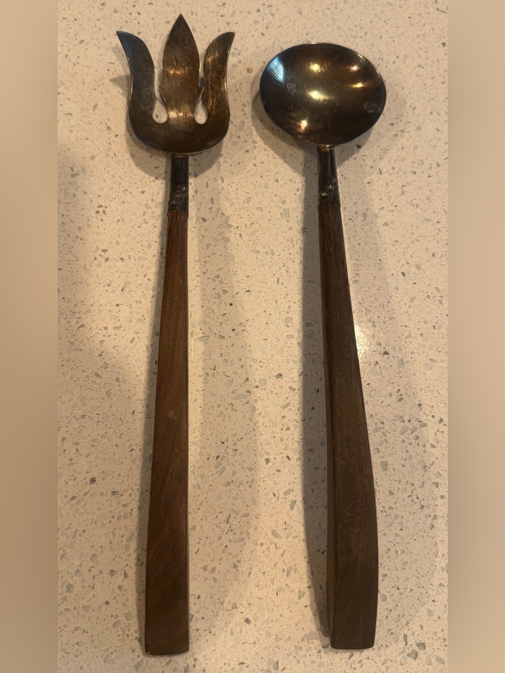 Vintage Mexican Sterling Silver 925 & Wood Salad Serving Set 11” Eagle Mark